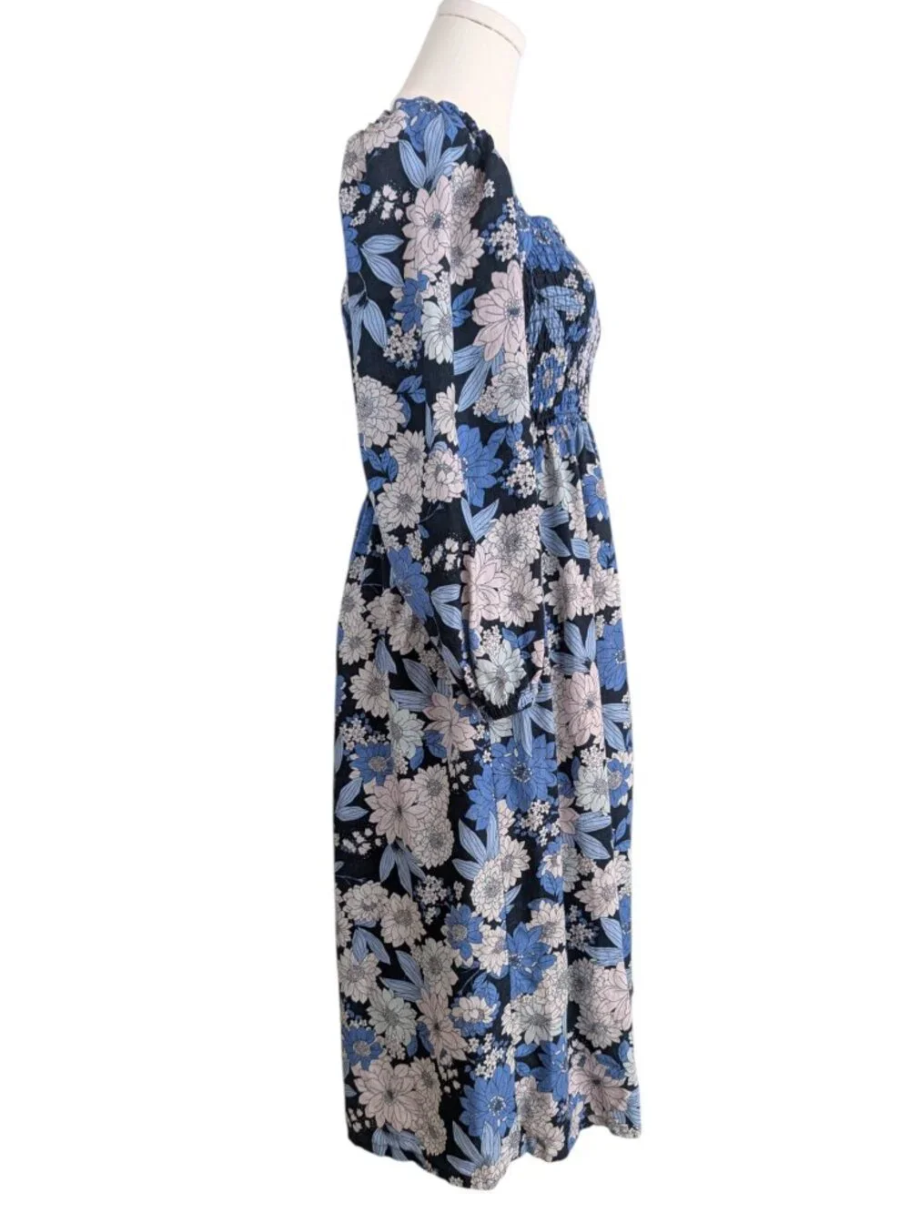 J.Crew Linen Day Dream Midi Dress Blue Zinnia Floral Puff Sleeves Petite Size MP